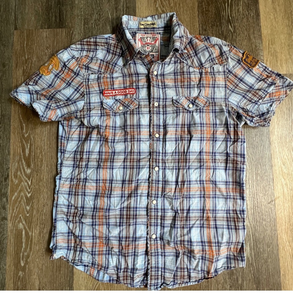 Jachs NY Button Down Mens M Blue Orange Plaid Western Snap Short Sleeve Patch